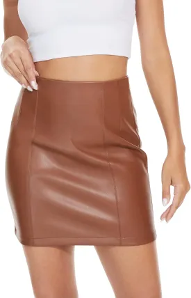 Fahsyee Women's Faux Leather Skirt, Hip High Waisted Stretchy Zipper Mini A-Line Pencil Short Plus Size S-XXL