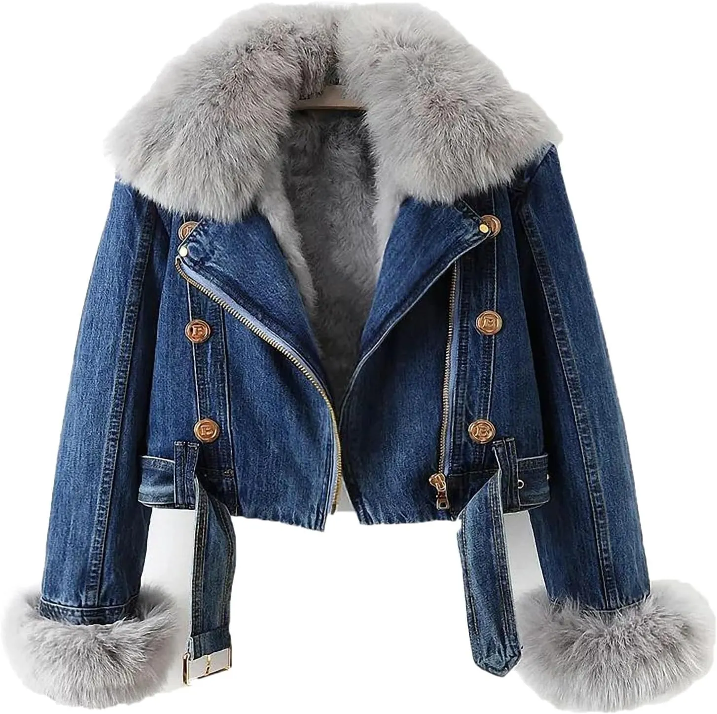 Faux Fur Coat Women Winter Denim Jacket Thickened Rabbit Fur Lined Jean Jackets Shaggy Removable Cropped Top Soft Coat