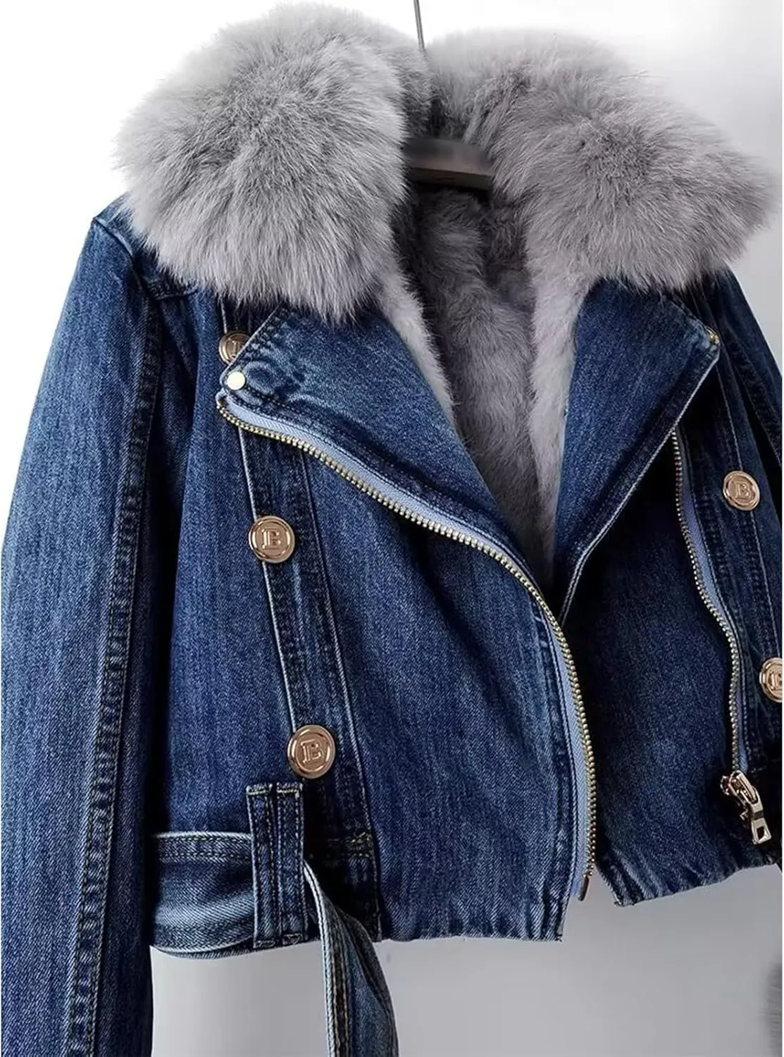 Faux Fur Coat Women Winter Denim Jacket Thickened Rabbit Fur Lined Jean Jackets Shaggy Removable Cropped Top Soft Coat
