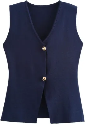 FindThy Womens Cropped Knit Vest V Neck Button Up Solid Color Sleeveless Gilet Tank Tops