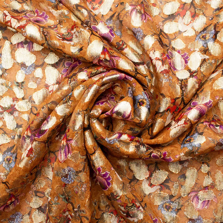 Floral Printed Orange Georgette Silk Lamé Jacquard