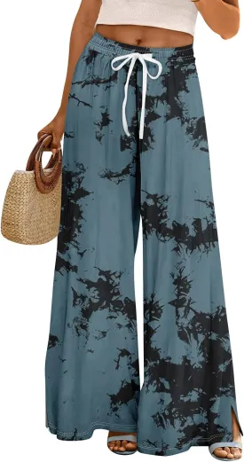 GOFULY Wide Leg Flowy Pants for Women Summer 2025 Beach Palazzo Pants High Elastic Waist Drawstring Side Slit Pockets Trouser