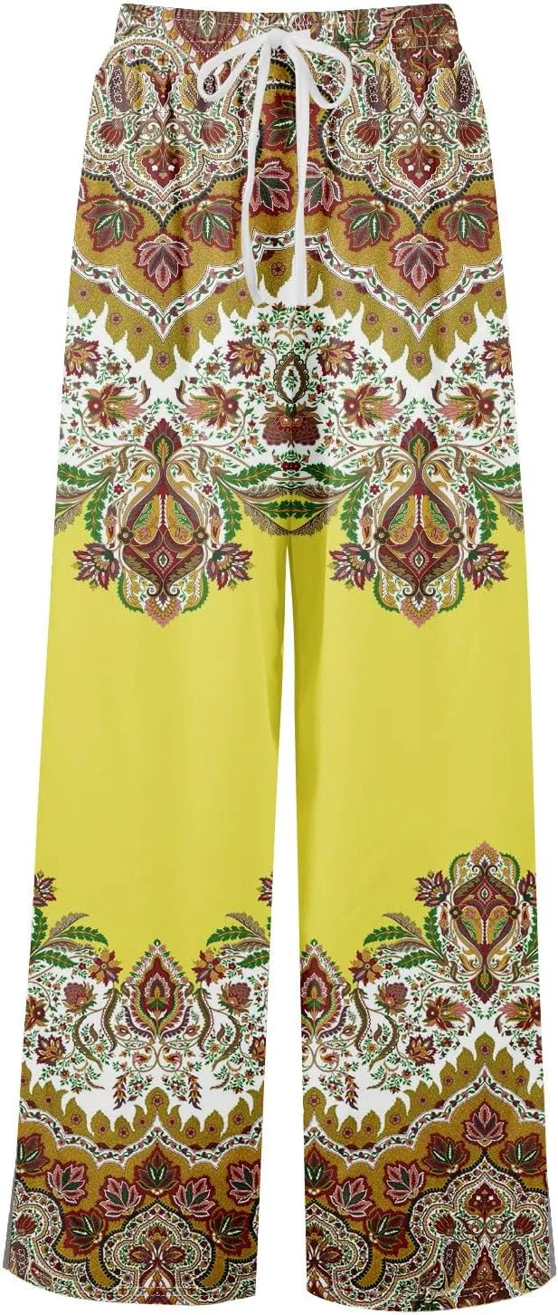 GOFULY Wide Leg Flowy Pants for Women Summer 2025 Beach Palazzo Pants High Elastic Waist Drawstring Side Slit Pockets Trouser