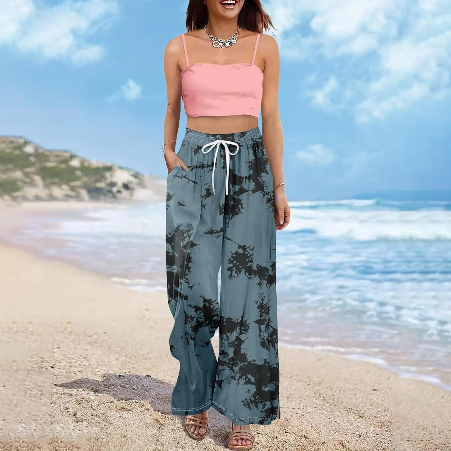GOFULY Wide Leg Flowy Pants for Women Summer 2025 Beach Palazzo Pants High Elastic Waist Drawstring Side Slit Pockets Trouser