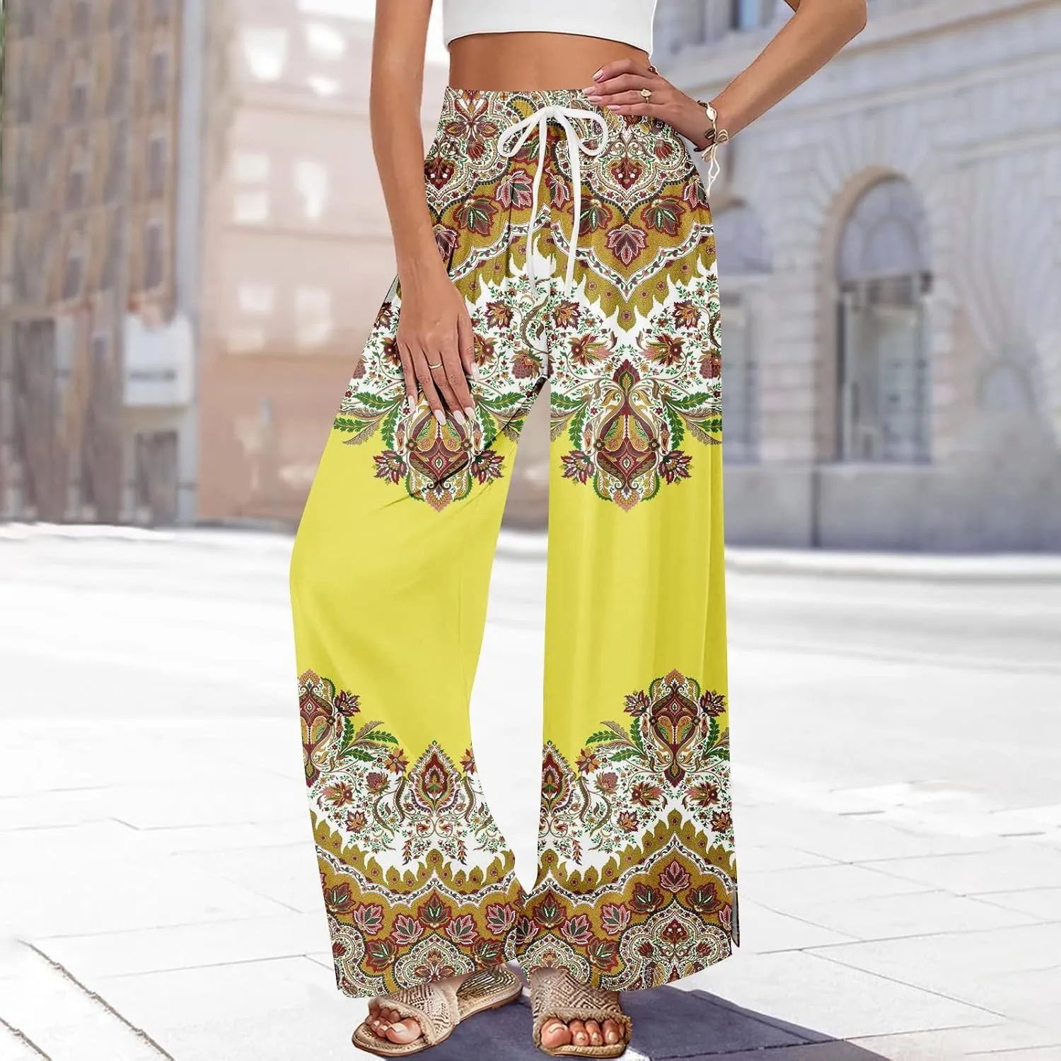 GOFULY Wide Leg Flowy Pants for Women Summer 2025 Beach Palazzo Pants High Elastic Waist Drawstring Side Slit Pockets Trouser