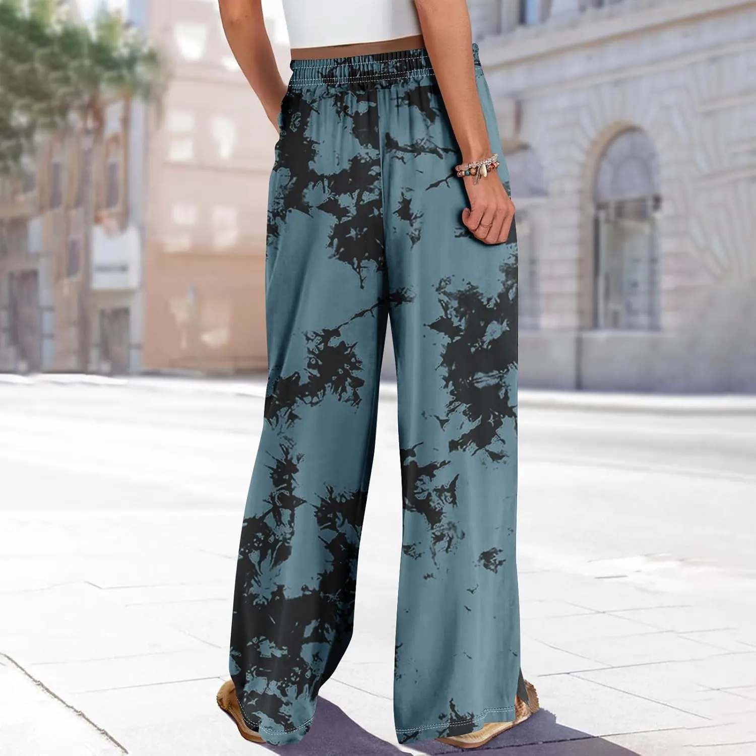 GOFULY Wide Leg Flowy Pants for Women Summer 2025 Beach Palazzo Pants High Elastic Waist Drawstring Side Slit Pockets Trouser
