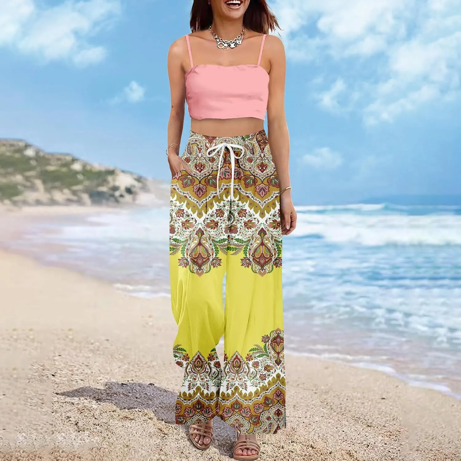 GOFULY Wide Leg Flowy Pants for Women Summer 2025 Beach Palazzo Pants High Elastic Waist Drawstring Side Slit Pockets Trouser
