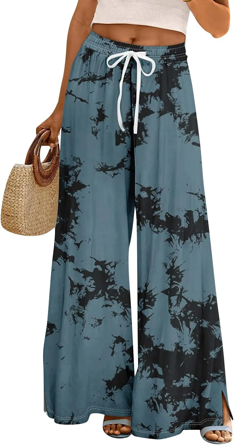 GOFULY Wide Leg Flowy Pants for Women Summer 2025 Beach Palazzo Pants High Elastic Waist Drawstring Side Slit Pockets Trouser