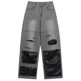 Gray Patchwork Distressed Wide-Leg Jeans