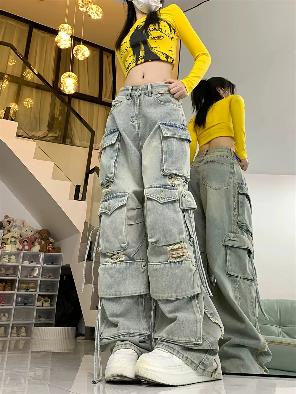 Heavy-Duty Ripped Cargo Style Jeans