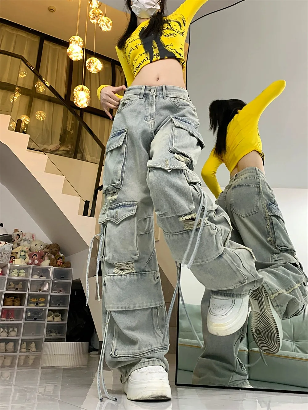 Heavy-Duty Ripped Cargo Style Jeans