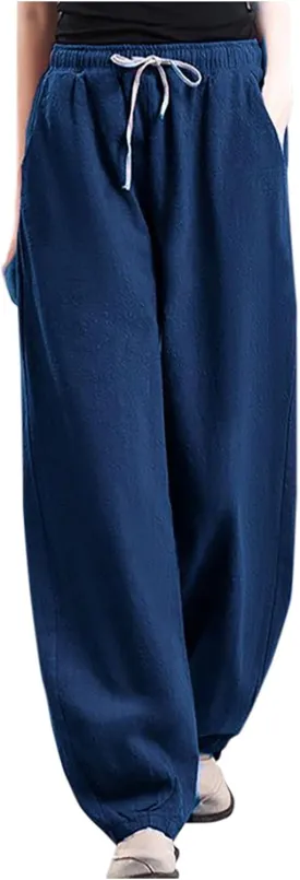 HGps8w Plus Size Linen Pants for Women Casual Loose Wide Leg High Waisted Pants Comfy Solid Trousers with Pockets