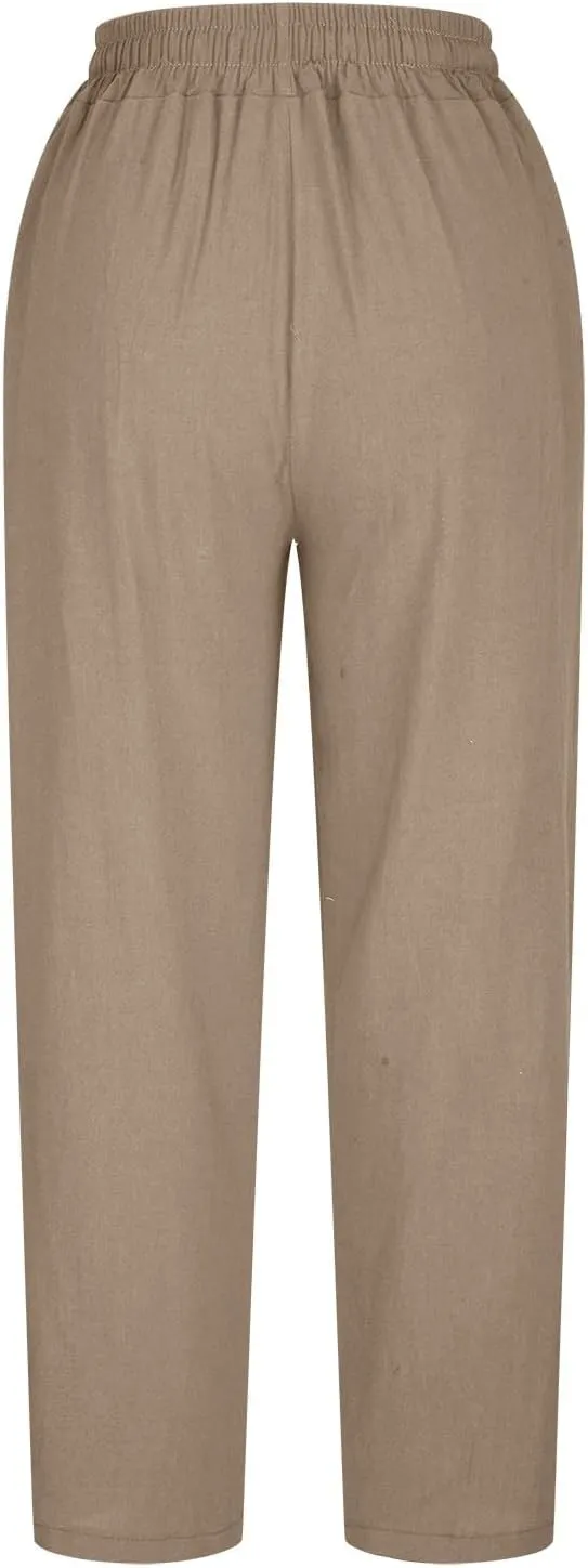 HGps8w Plus Size Linen Pants for Women Casual Loose Wide Leg High Waisted Pants Comfy Solid Trousers with Pockets