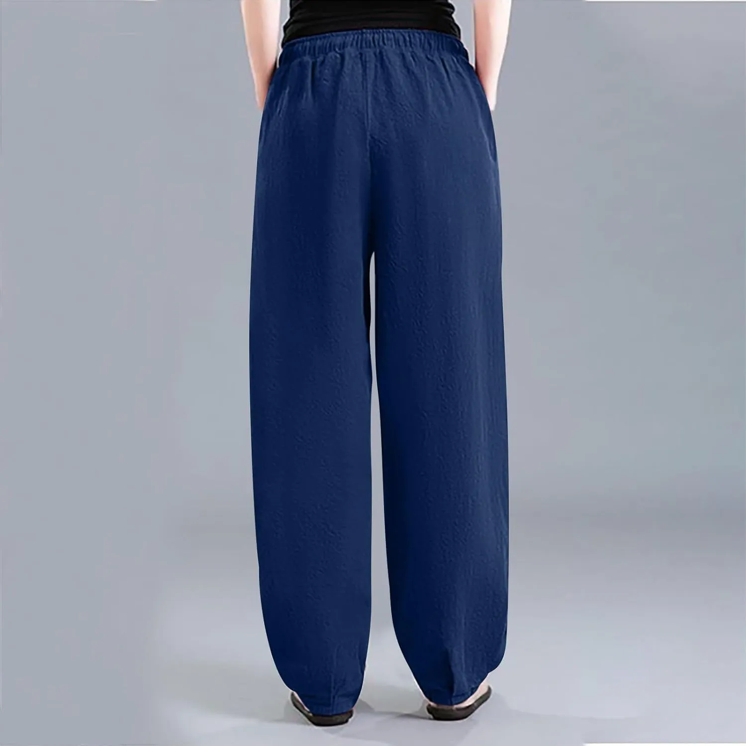 HGps8w Plus Size Linen Pants for Women Casual Loose Wide Leg High Waisted Pants Comfy Solid Trousers with Pockets