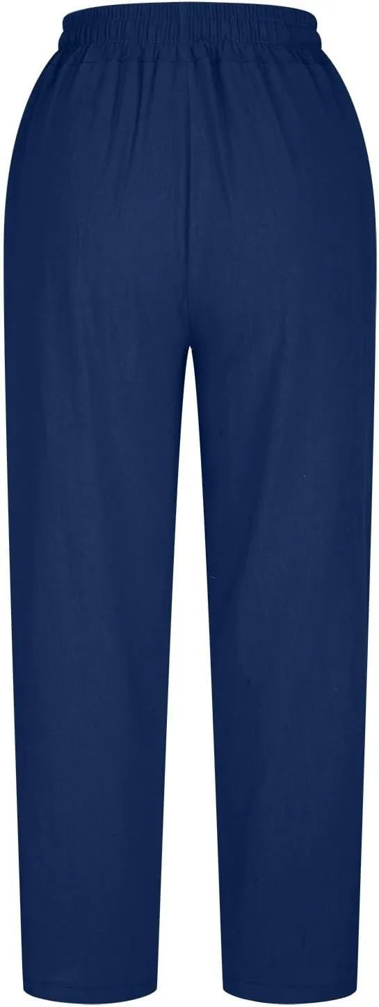 HGps8w Plus Size Linen Pants for Women Casual Loose Wide Leg High Waisted Pants Comfy Solid Trousers with Pockets