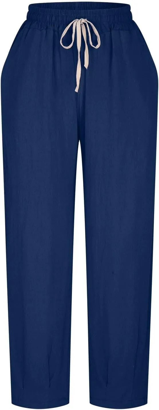 HGps8w Plus Size Linen Pants for Women Casual Loose Wide Leg High Waisted Pants Comfy Solid Trousers with Pockets