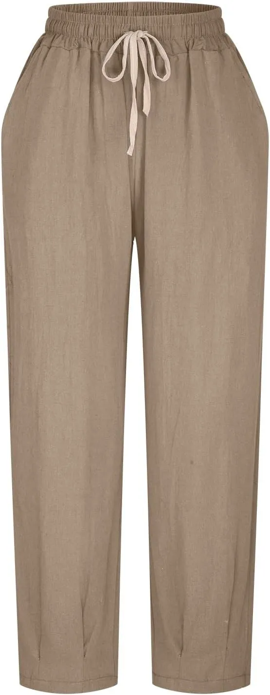 HGps8w Plus Size Linen Pants for Women Casual Loose Wide Leg High Waisted Pants Comfy Solid Trousers with Pockets