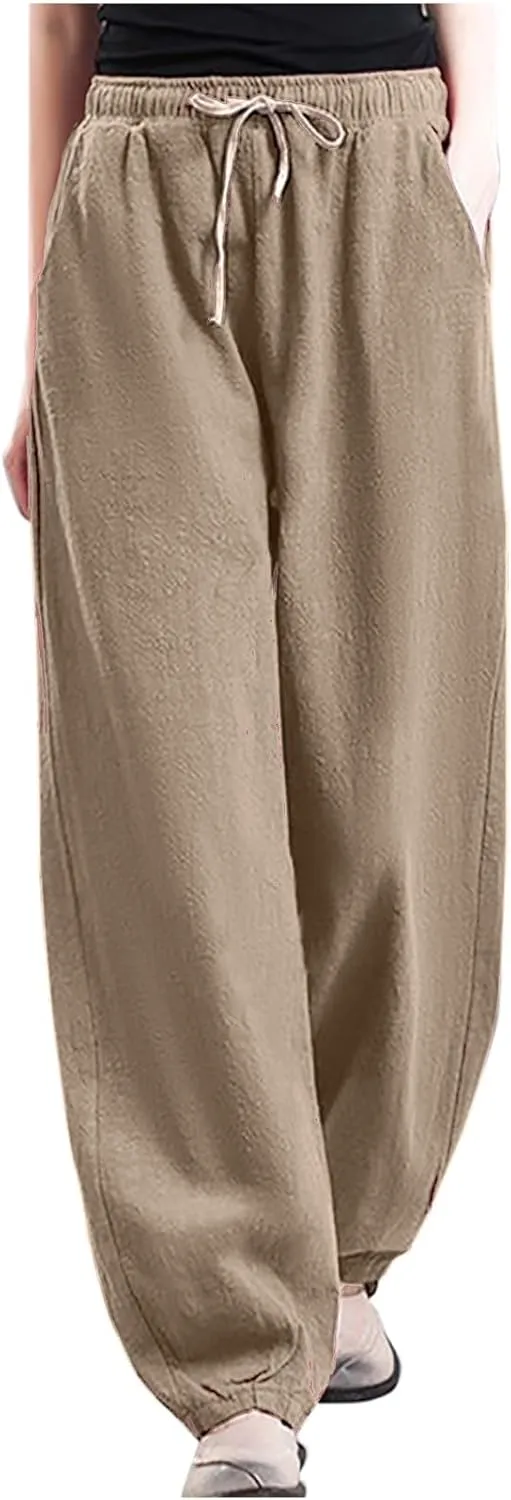HGps8w Plus Size Linen Pants for Women Casual Loose Wide Leg High Waisted Pants Comfy Solid Trousers with Pockets