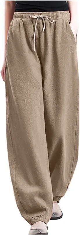 HGps8w Plus Size Linen Pants for Women Casual Loose Wide Leg High Waisted Pants Comfy Solid Trousers with Pockets