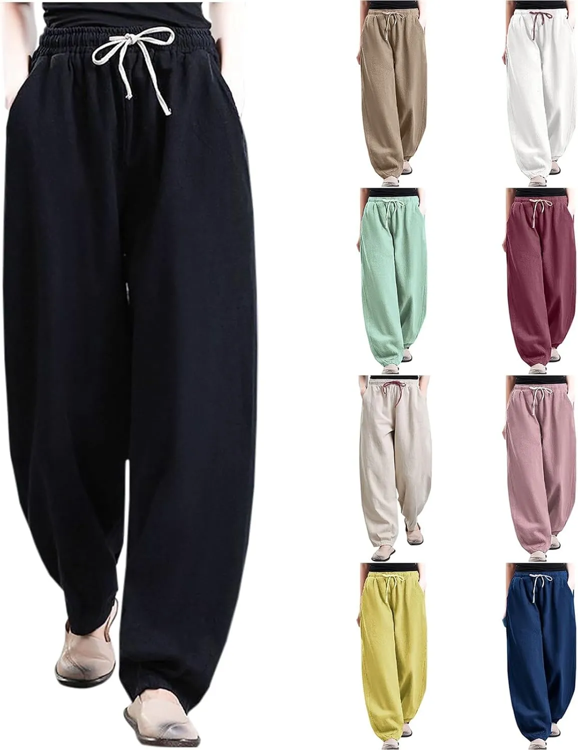 HGps8w Plus Size Linen Pants for Women Casual Loose Wide Leg High Waisted Pants Comfy Solid Trousers with Pockets
