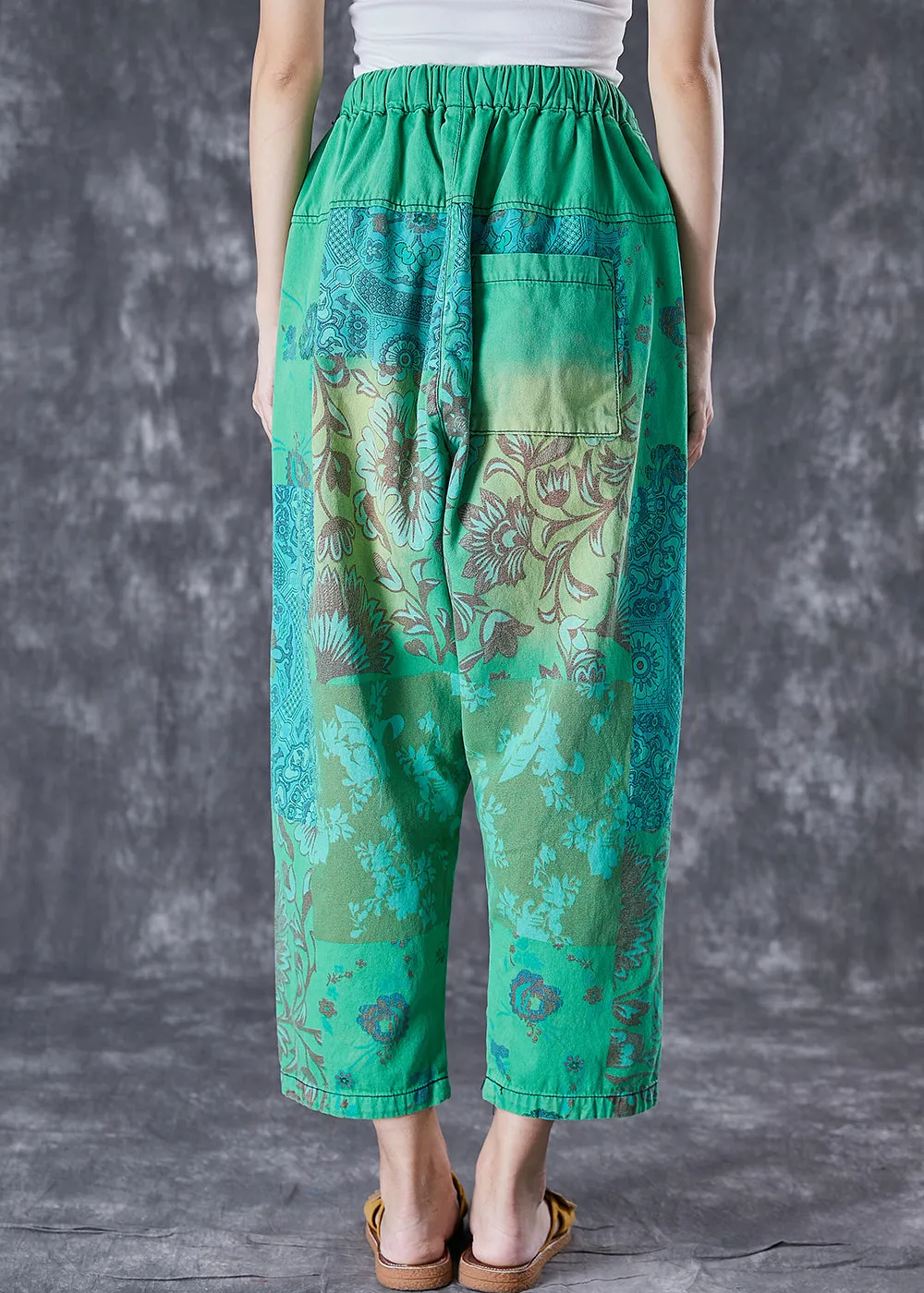 Italian Green Elastic Waist Print Denim Harem Pants Ripped Jeans Summer LY6995