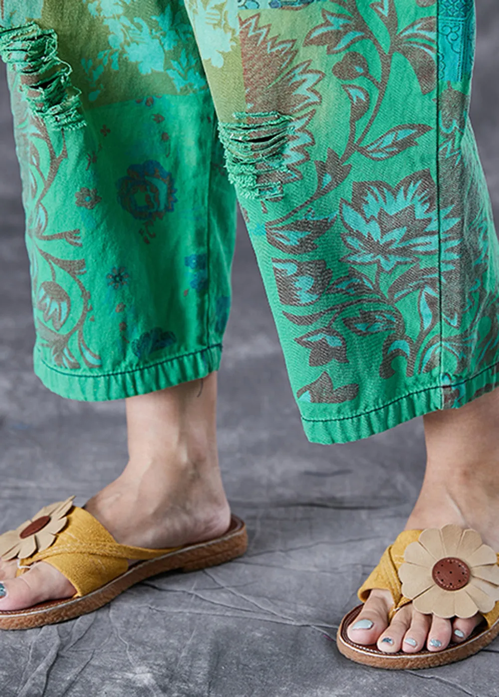 Italian Green Elastic Waist Print Denim Harem Pants Ripped Jeans Summer LY6995