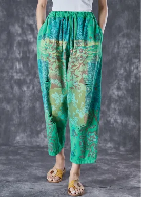 Italian Green Elastic Waist Print Denim Harem Pants Ripped Jeans Summer LY6995