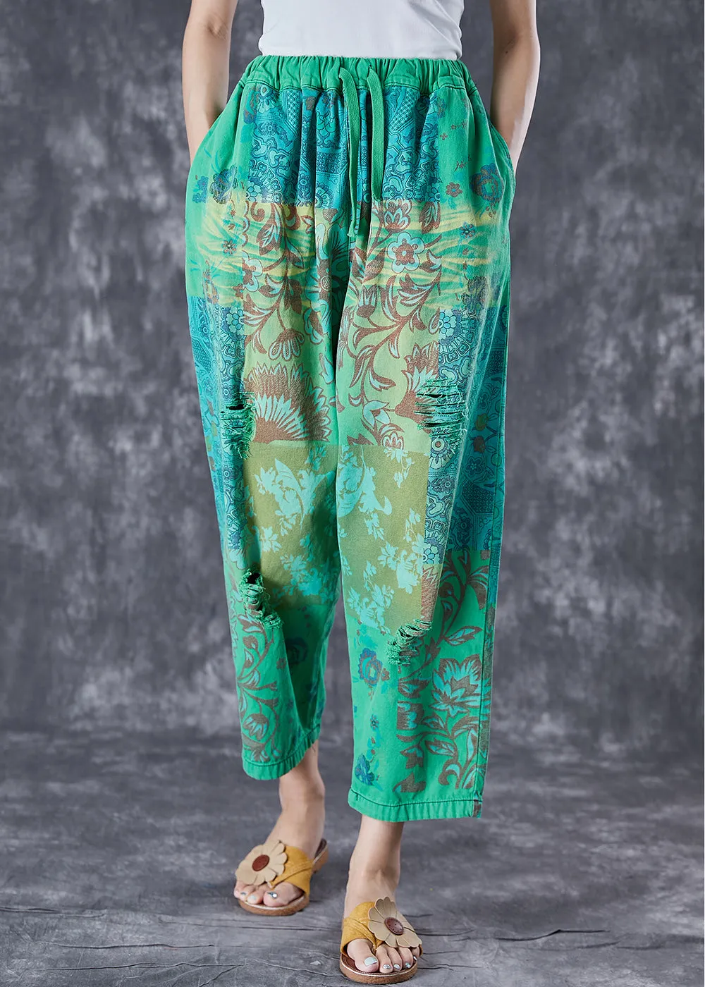 Italian Green Elastic Waist Print Denim Harem Pants Ripped Jeans Summer LY6995
