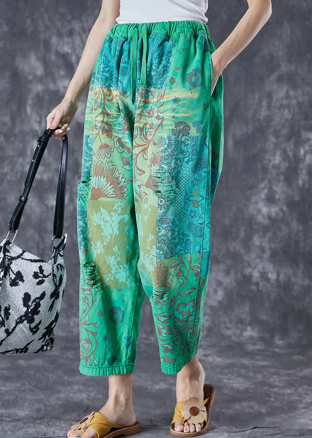 Italian Green Elastic Waist Print Denim Harem Pants Ripped Jeans Summer LY6995