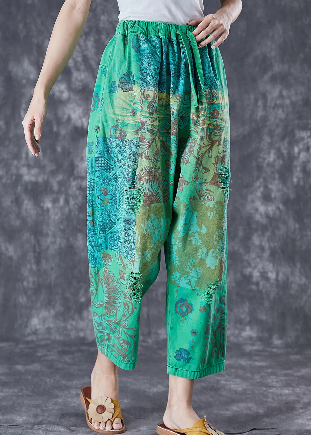 Italian Green Elastic Waist Print Denim Harem Pants Ripped Jeans Summer LY6995