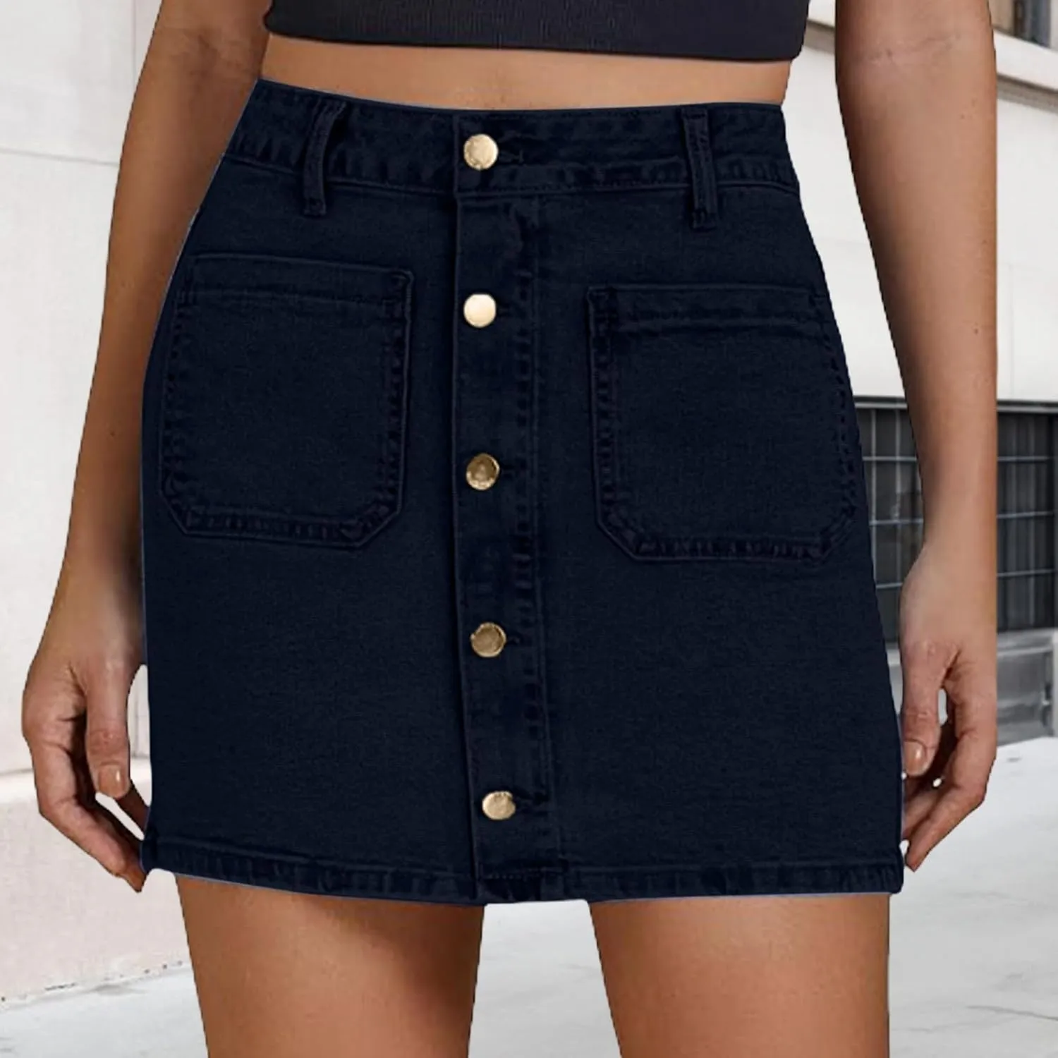 Jean Skirts for Women Denim High Waisted Trendy Stretchy Button Front Short Mini Pencil Skirt with Patch Pockets