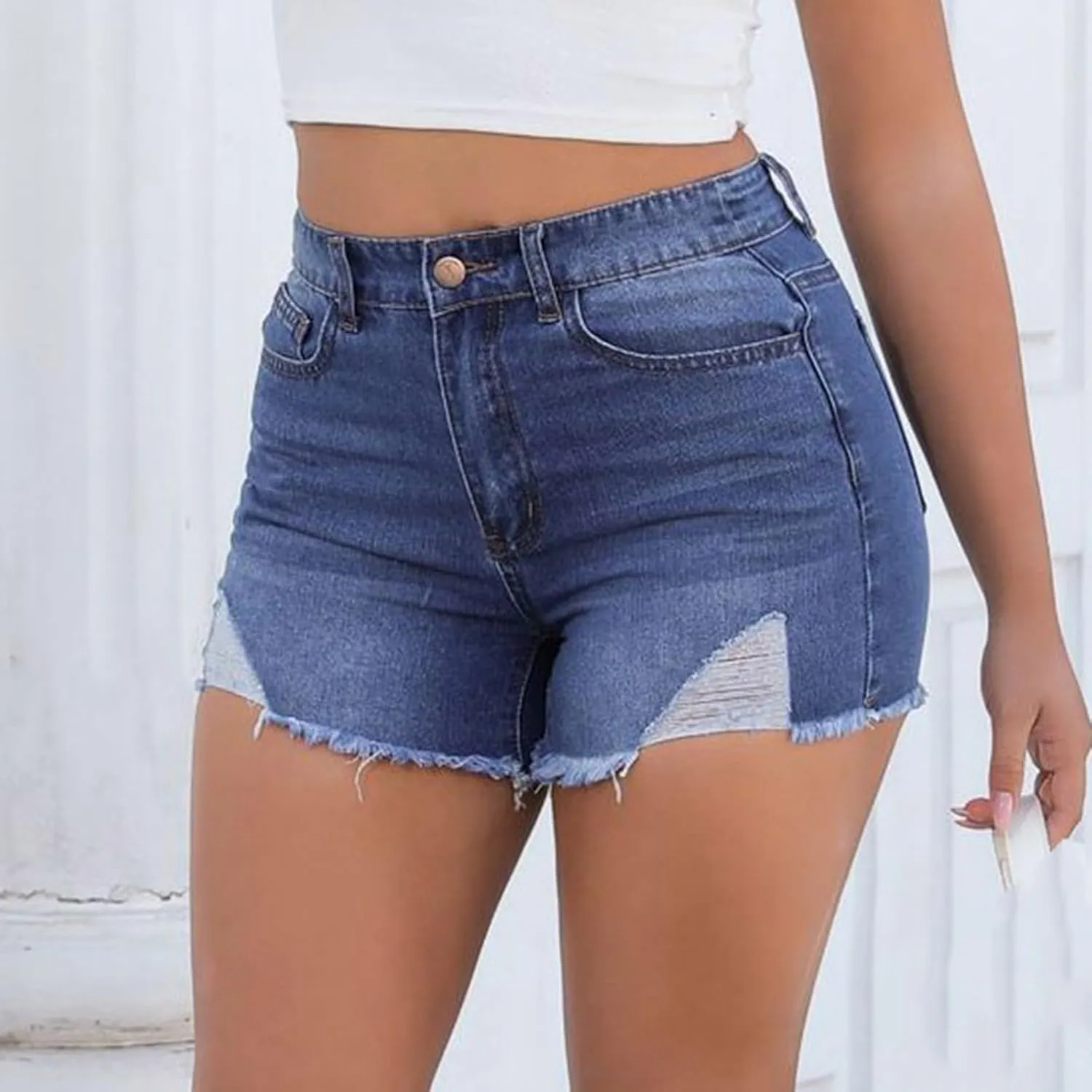 Jeans Shorts For Women Trendy Mid Rise Ripped Denim Shorts Summer Stretch Distressed Frayed Raw Hem Hot Short Jeans