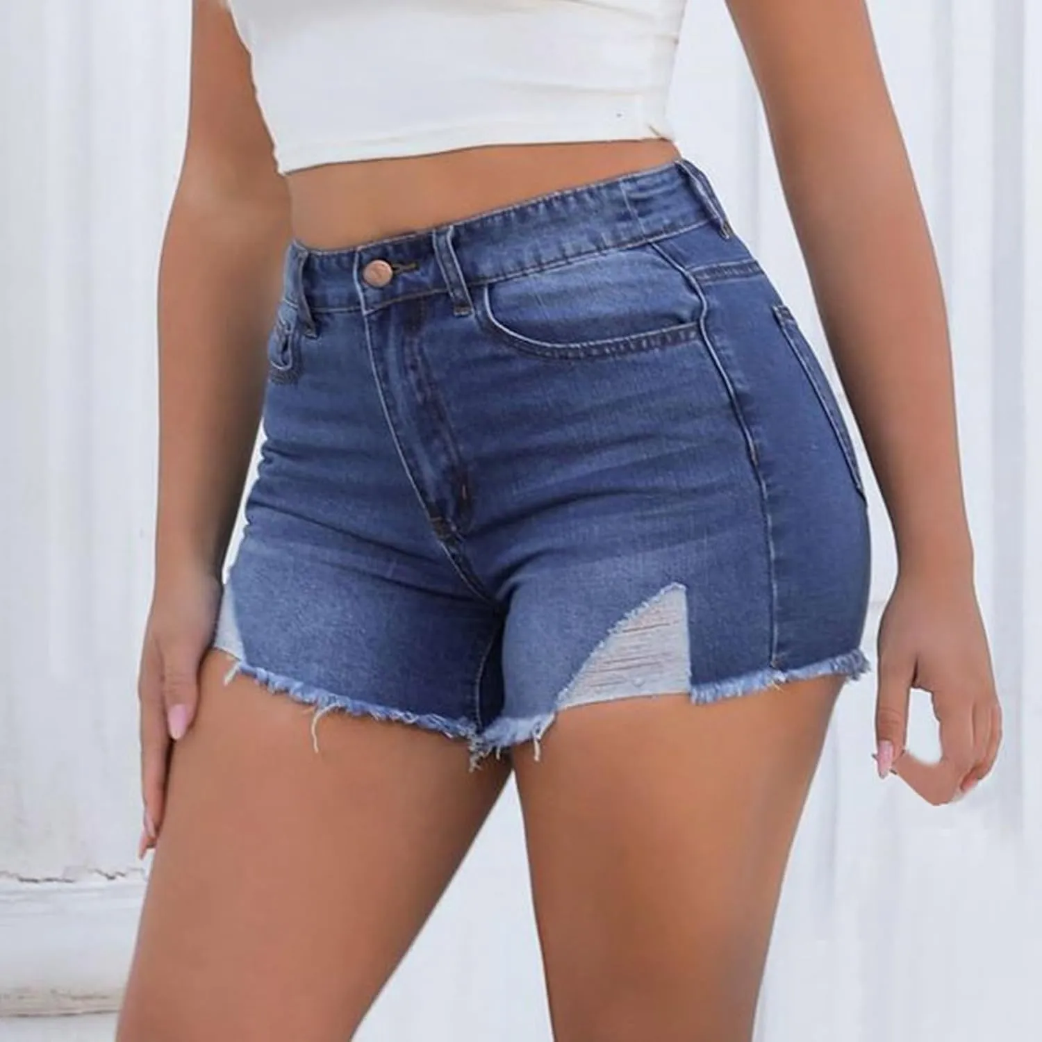 Jeans Shorts For Women Trendy Mid Rise Ripped Denim Shorts Summer Stretch Distressed Frayed Raw Hem Hot Short Jeans