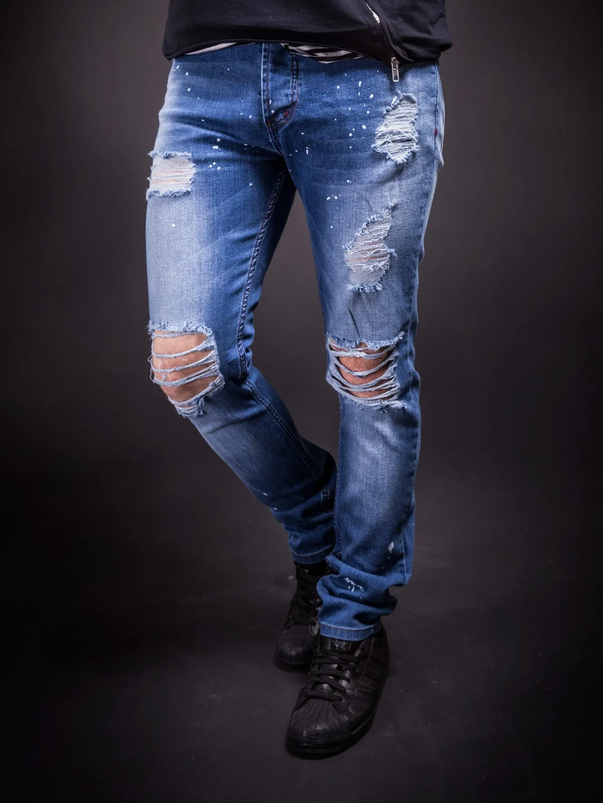 K&B Men Slim Fit Simply Ripped Stains Jeans 291- Blue