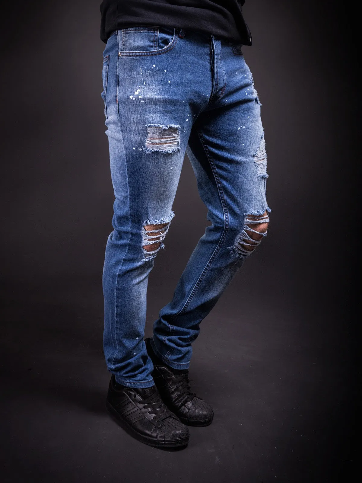 K&B Men Slim Fit Simply Ripped Stains Jeans 291- Blue