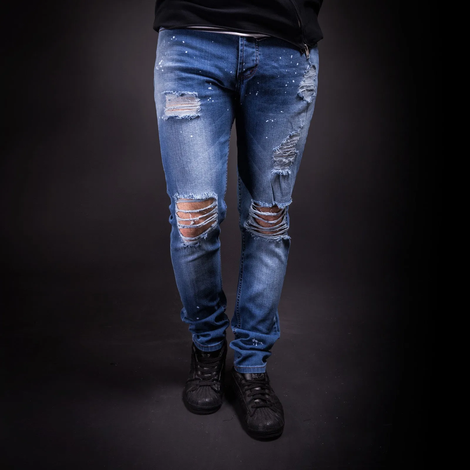 K&B Men Slim Fit Simply Ripped Stains Jeans 291- Blue