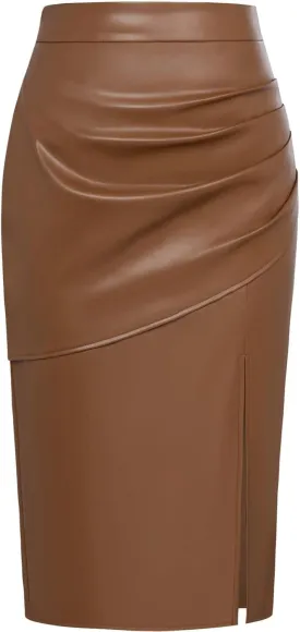 Kate Kasin 2024 Women's Faux Leather Skirts Front Slit Ruched Tummy Control High Waist Bodycon Midi Pencil Skirt S-XXL