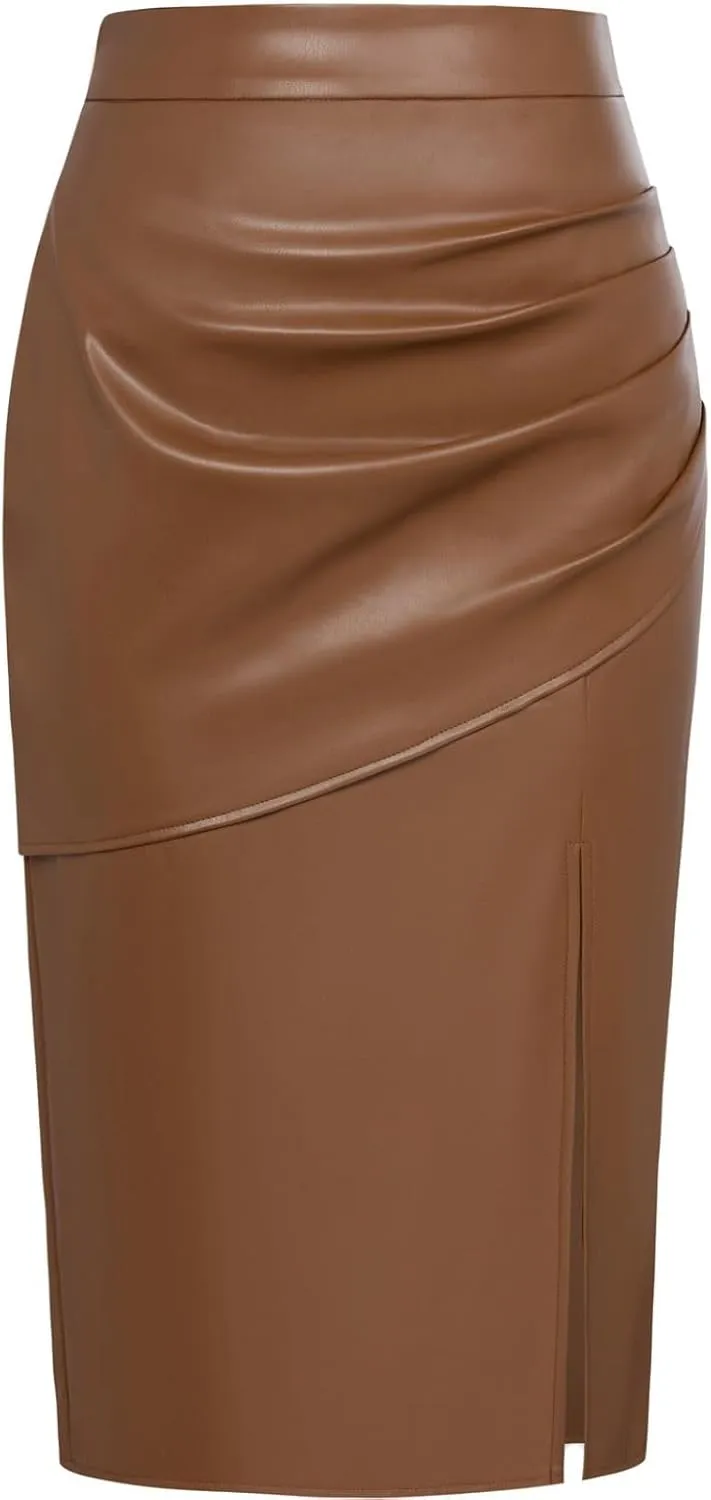 Kate Kasin 2024 Women's Faux Leather Skirts Front Slit Ruched Tummy Control High Waist Bodycon Midi Pencil Skirt S-XXL