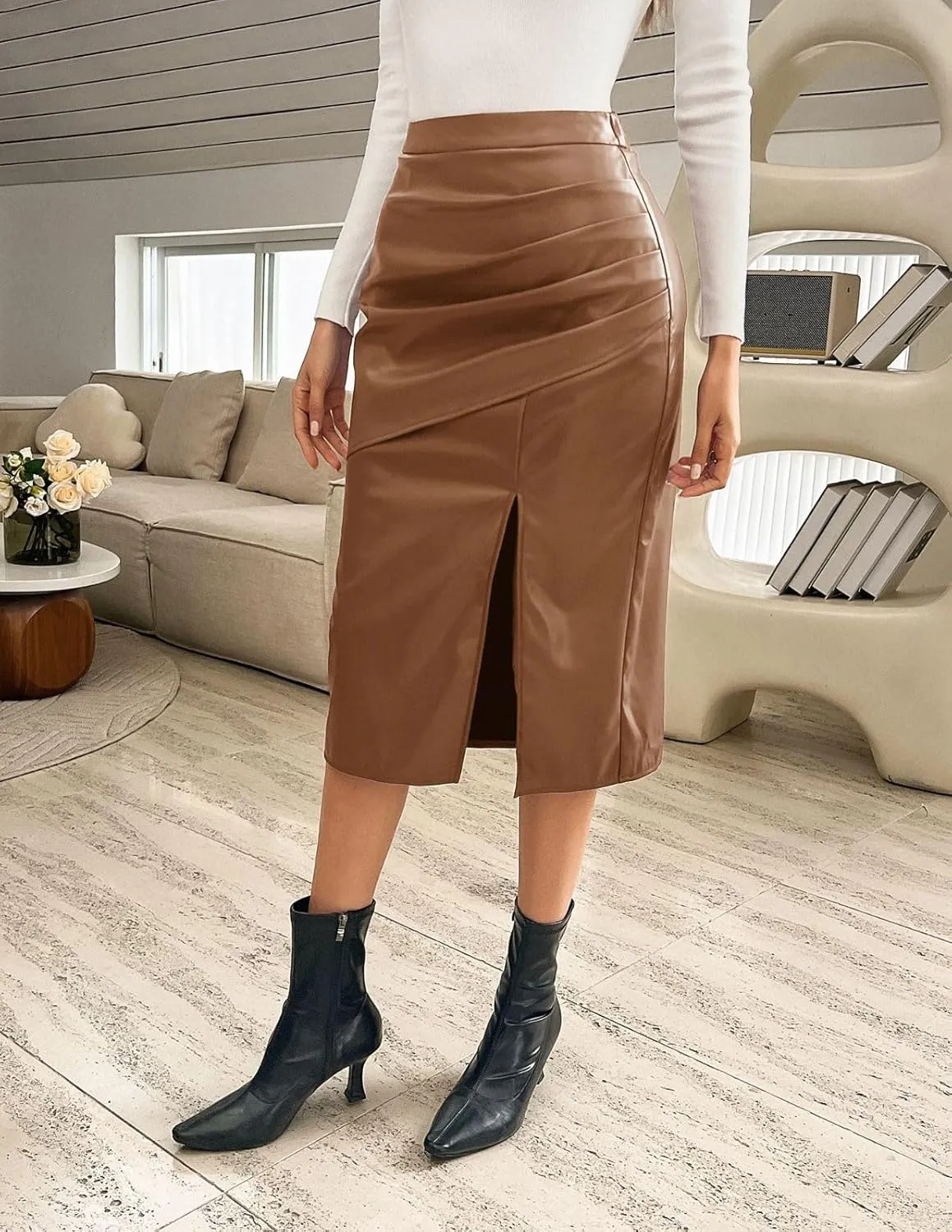 Kate Kasin 2024 Women's Faux Leather Skirts Front Slit Ruched Tummy Control High Waist Bodycon Midi Pencil Skirt S-XXL