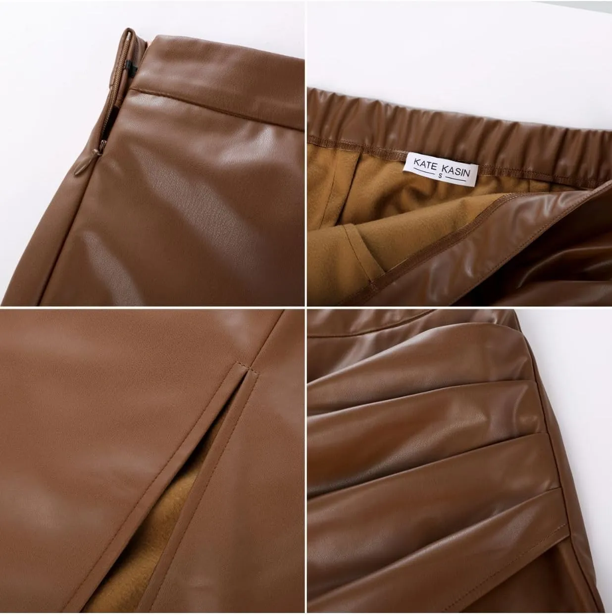 Kate Kasin 2024 Women's Faux Leather Skirts Front Slit Ruched Tummy Control High Waist Bodycon Midi Pencil Skirt S-XXL
