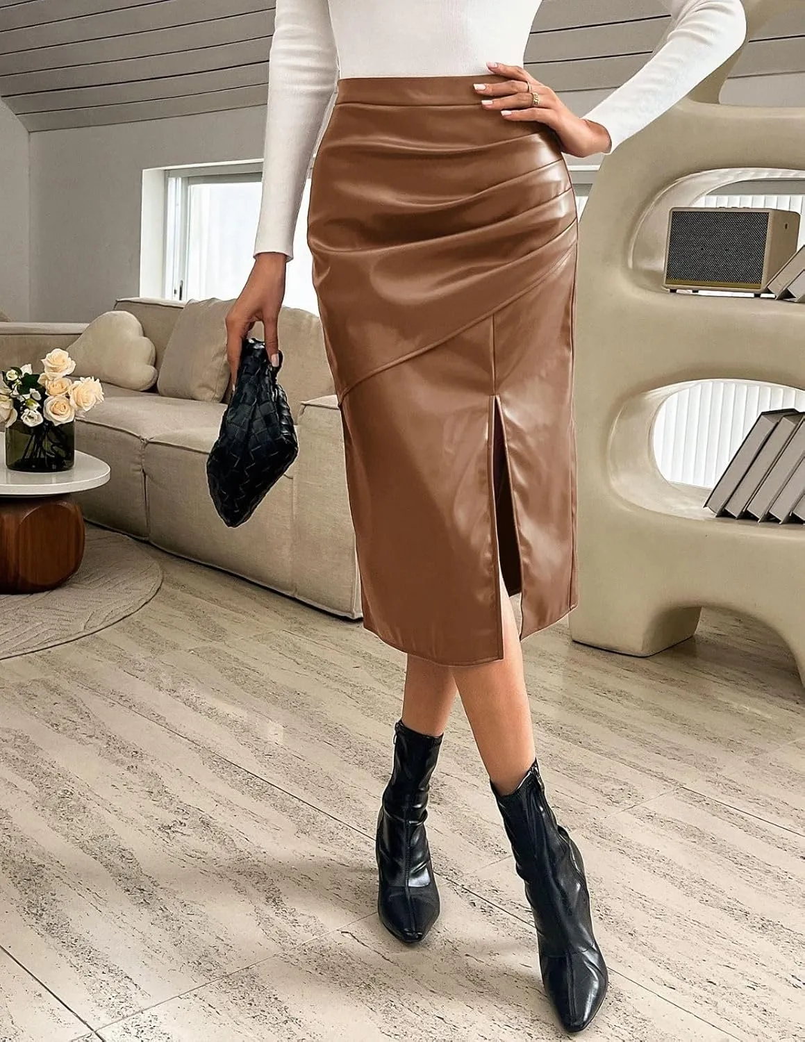 Kate Kasin 2024 Women's Faux Leather Skirts Front Slit Ruched Tummy Control High Waist Bodycon Midi Pencil Skirt S-XXL