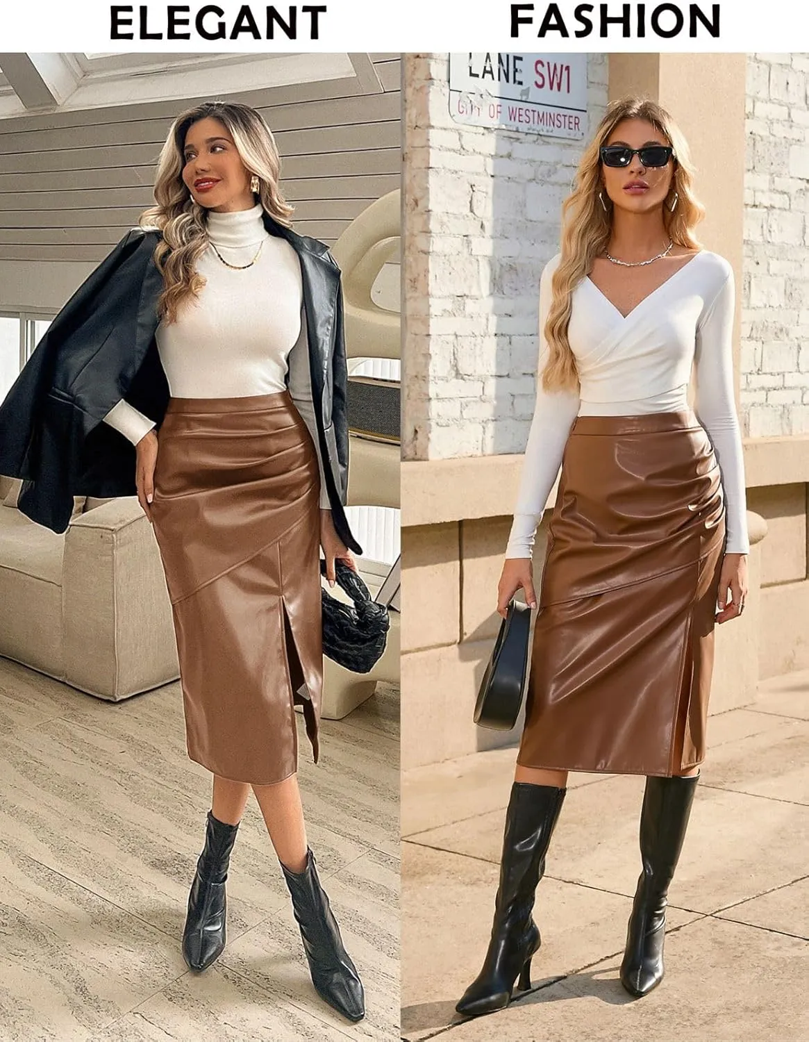 Kate Kasin 2024 Women's Faux Leather Skirts Front Slit Ruched Tummy Control High Waist Bodycon Midi Pencil Skirt S-XXL