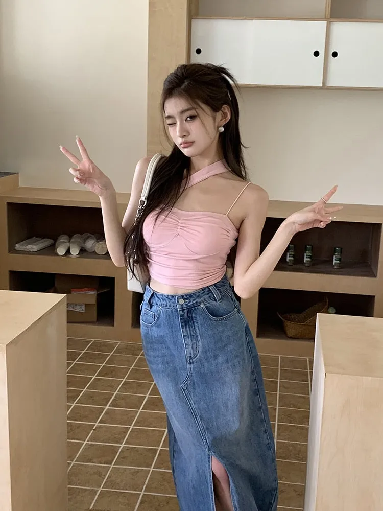 [Korean Style] High Rise Front Slit Denim Long Skirt