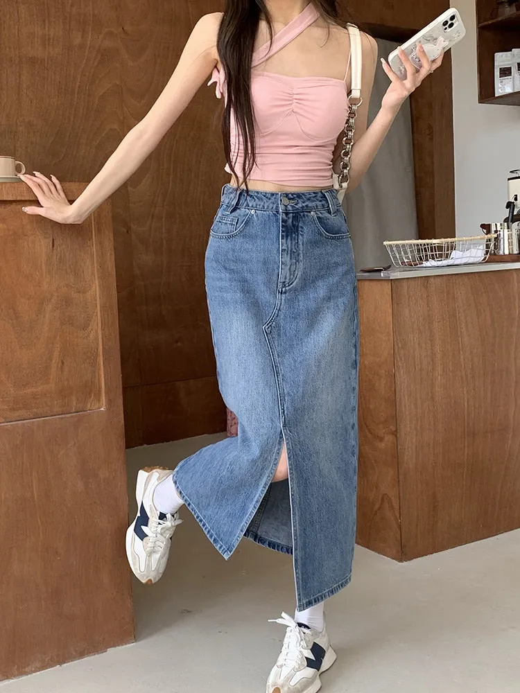 [Korean Style] High Rise Front Slit Denim Long Skirt