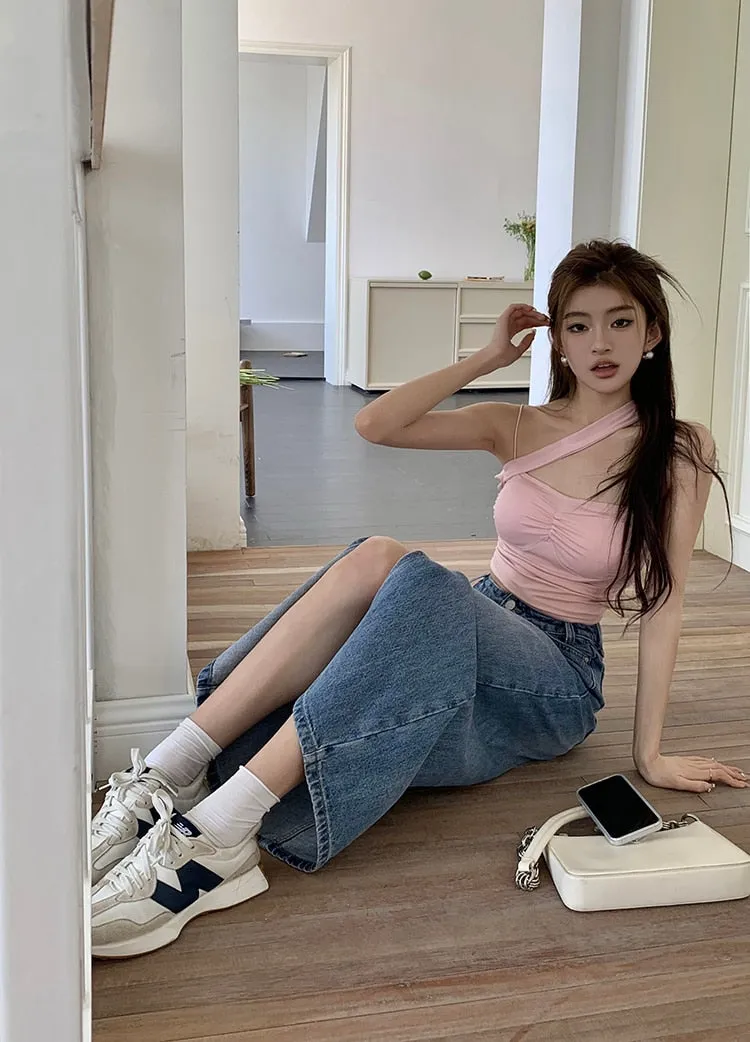 [Korean Style] High Rise Front Slit Denim Long Skirt