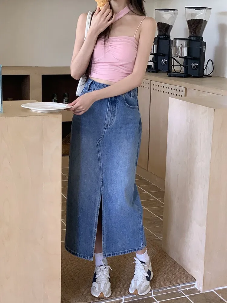 [Korean Style] High Rise Front Slit Denim Long Skirt
