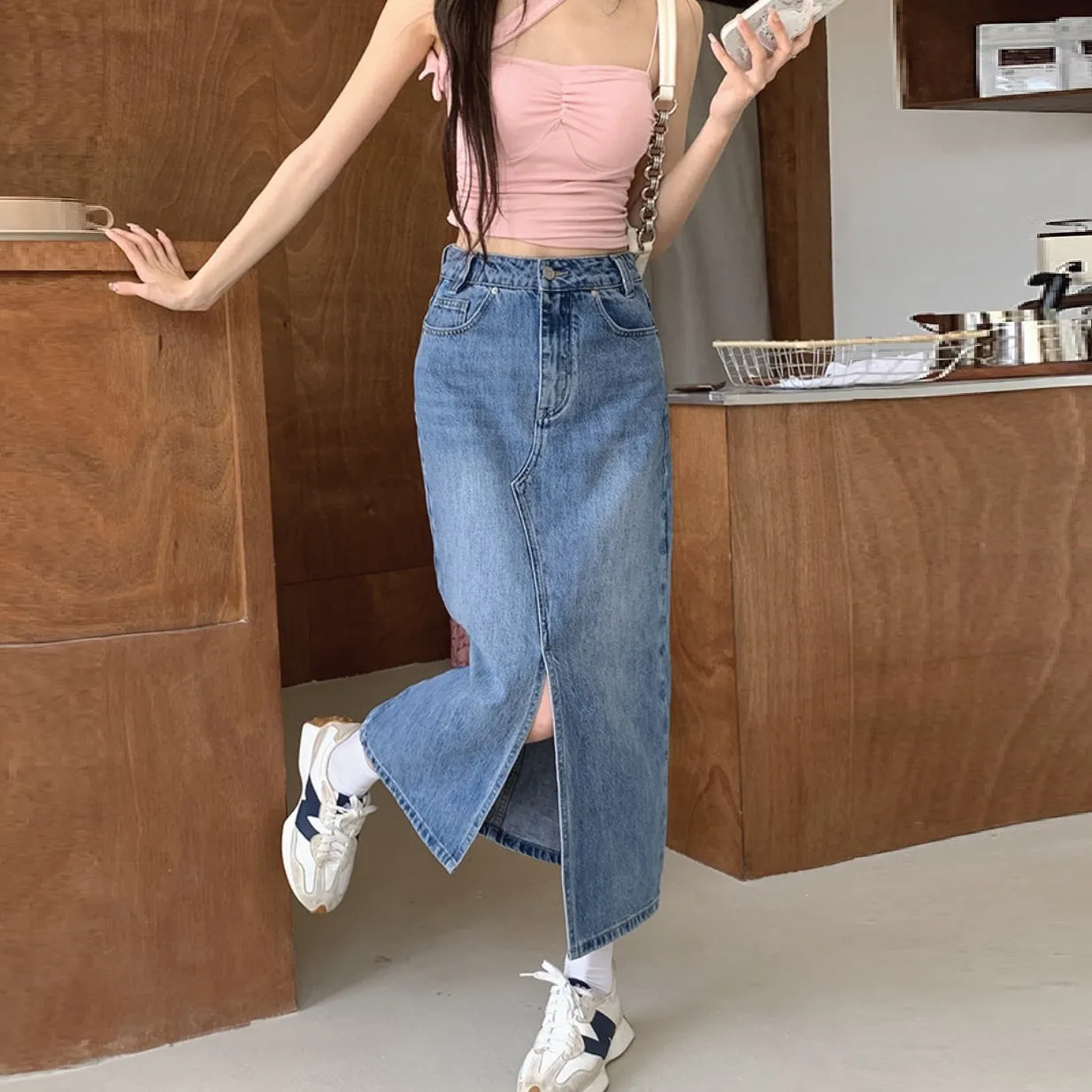 [Korean Style] High Rise Front Slit Denim Long Skirt