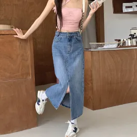 [Korean Style] High Rise Front Slit Denim Long Skirt