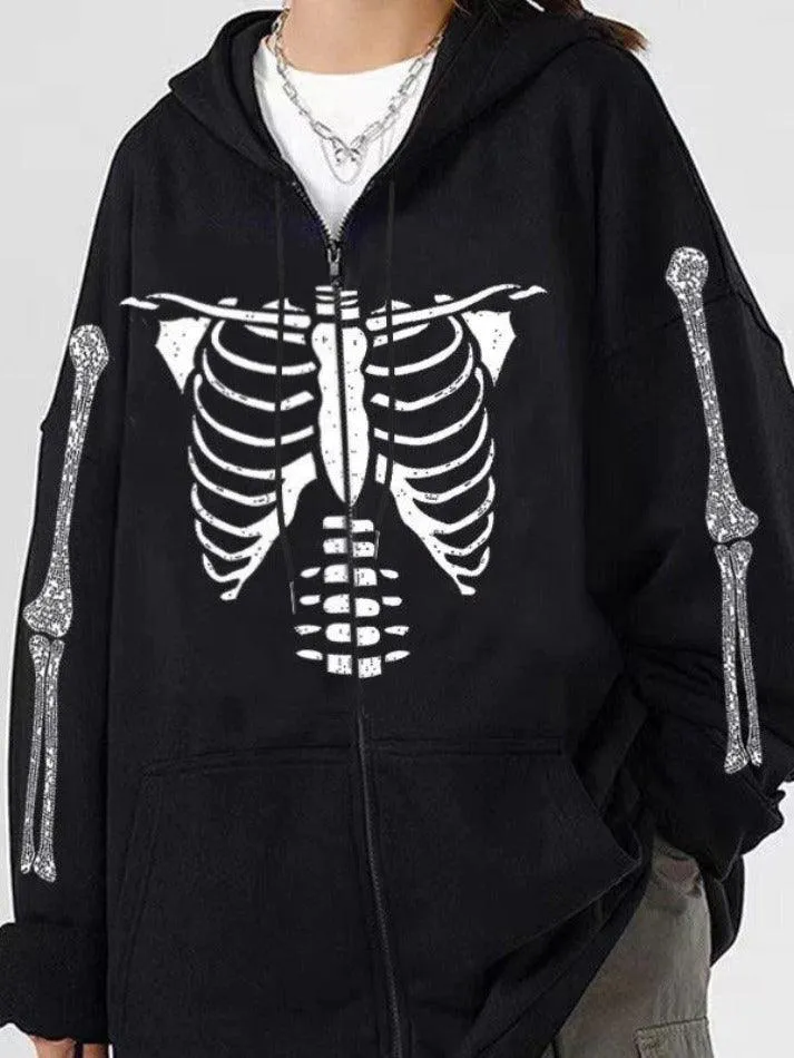 LANFUBEISI - Skeleton Print Rhinestone Zip Up Oversized Hoodie