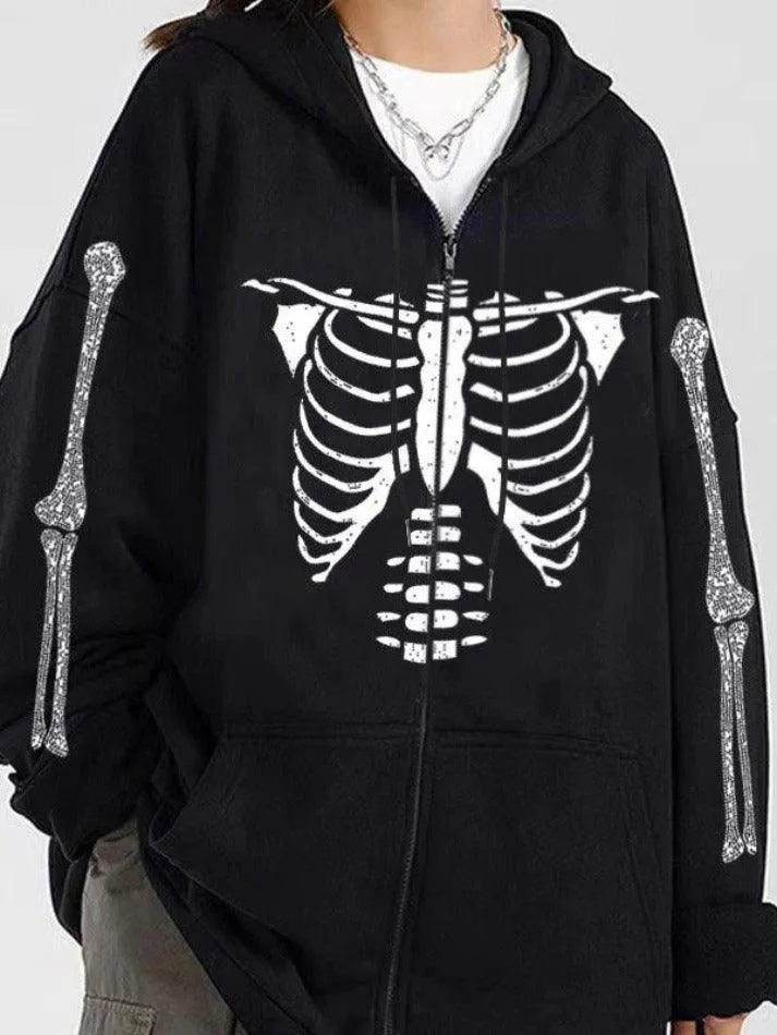 LANFUBEISI - Skeleton Print Rhinestone Zip Up Oversized Hoodie
